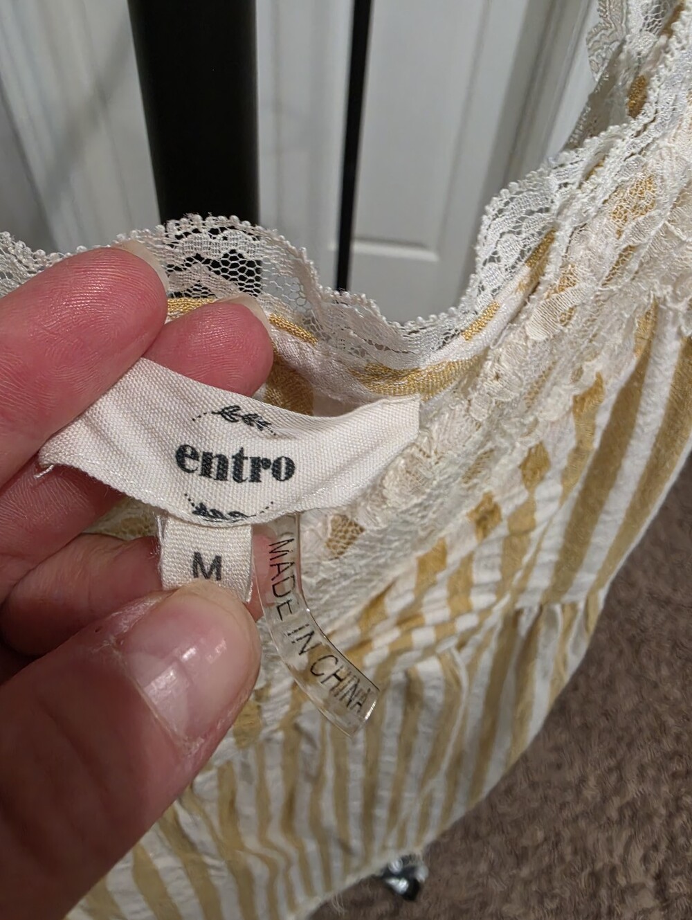Entro Yellow White Stripe Lace Trim Babydoll Mini Dress Size Medium - Picture 3 of 3